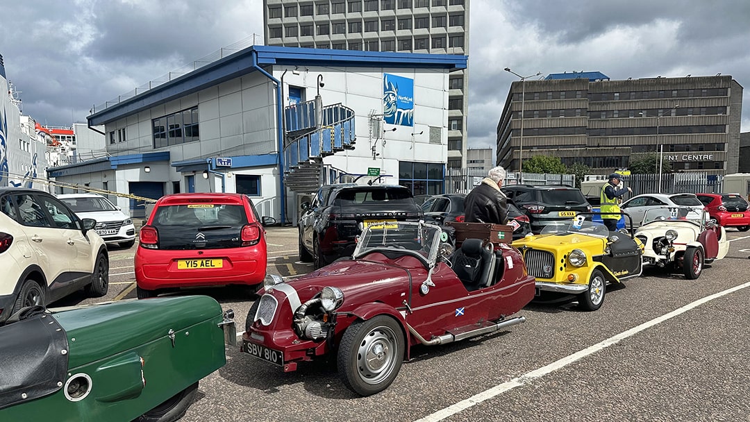 Classic cars at the Aberdeen Ferry Terminal, ready to board the ferry to Shetland