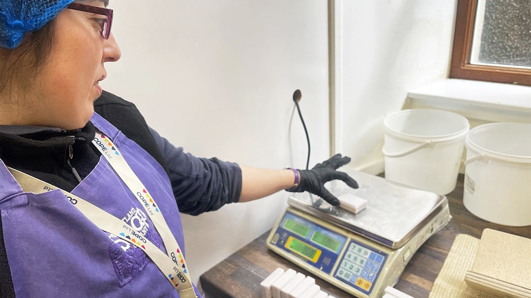 Julie weighing the soaps