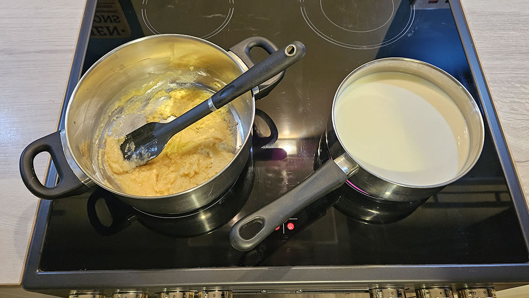 Making the white sauce with butter, flour and warm milk