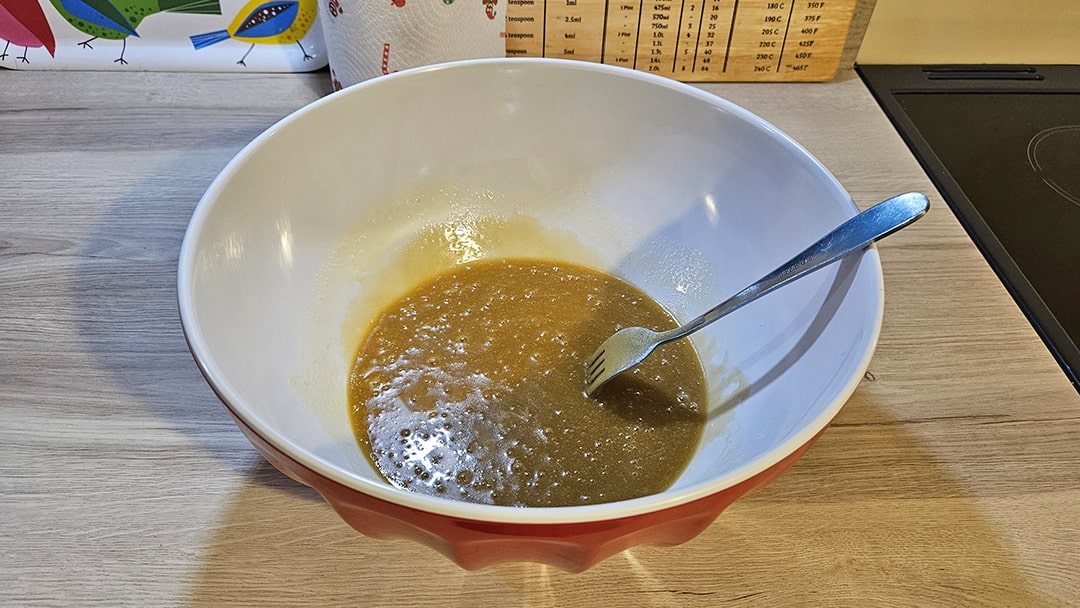 Mix the sugars, melted butter, eggs and vanilla extract together