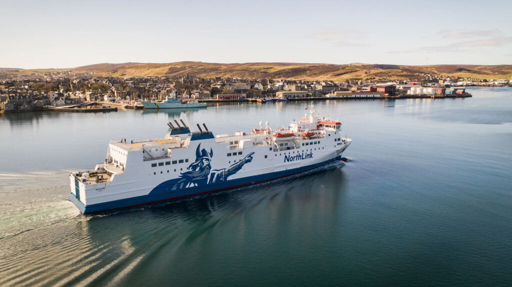 MV Hjaltland sails into Lerwick harbour in the Shetland islands
