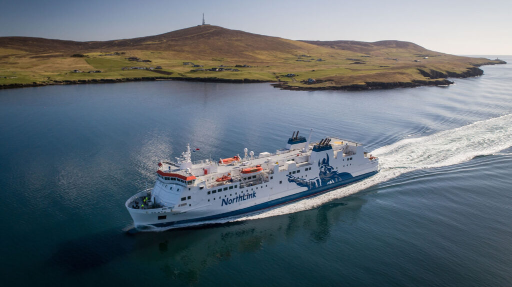 MV Hjaltland sails past Bressay into Lerwick harbour