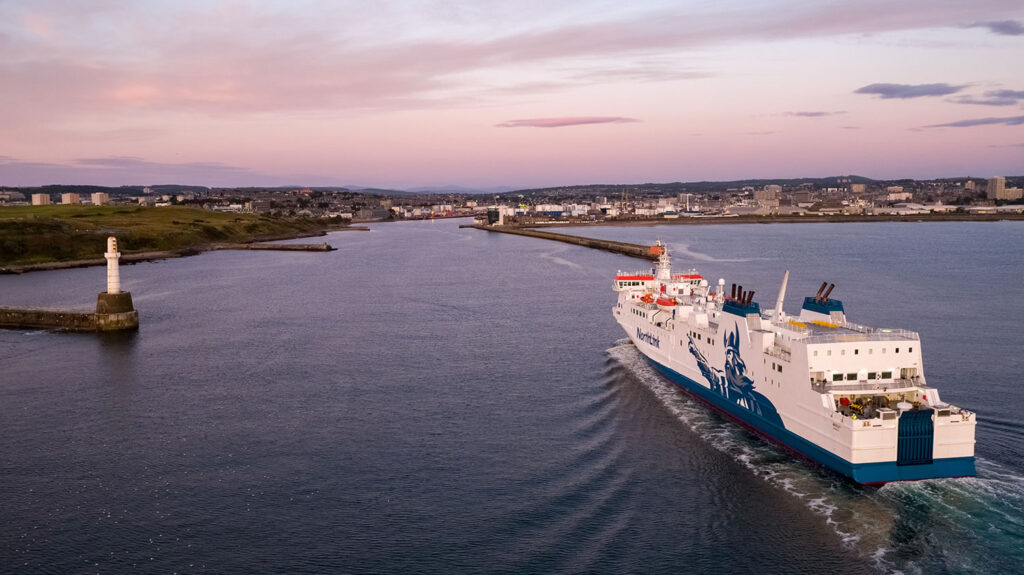 MV Hrossey arriving in Aberdeen harbour early in the morning