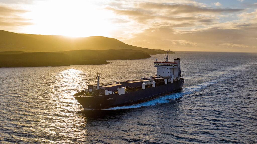 NorthLink Freight ship MV Helliar arrives in Shetland at dawn