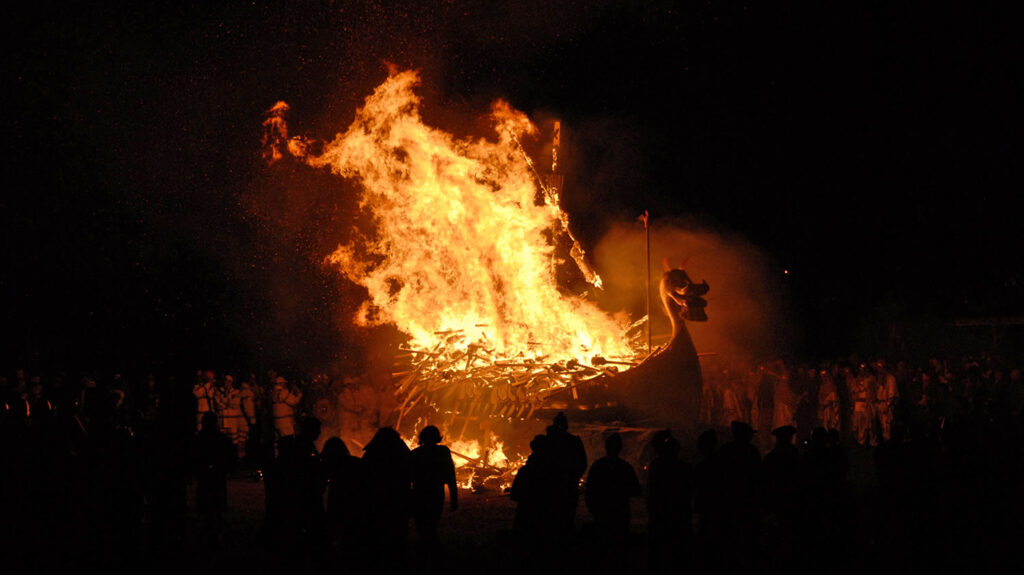 The Viking galley ablaze at Lerwick Up Helly Aa