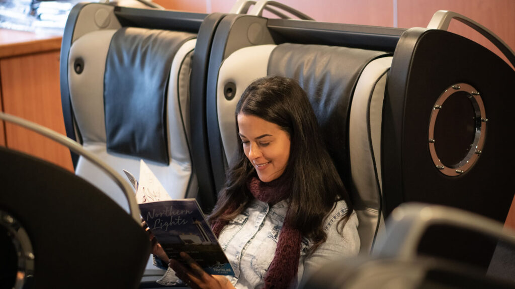 Relaxing in the sleeping pod lounge on board the ferry to Shetland and Orkney