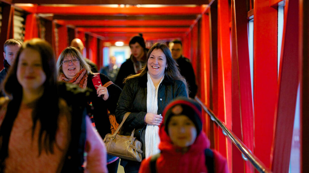 Islanders leaving the ferry from Shetland and Orkney via the foot passenger walkway