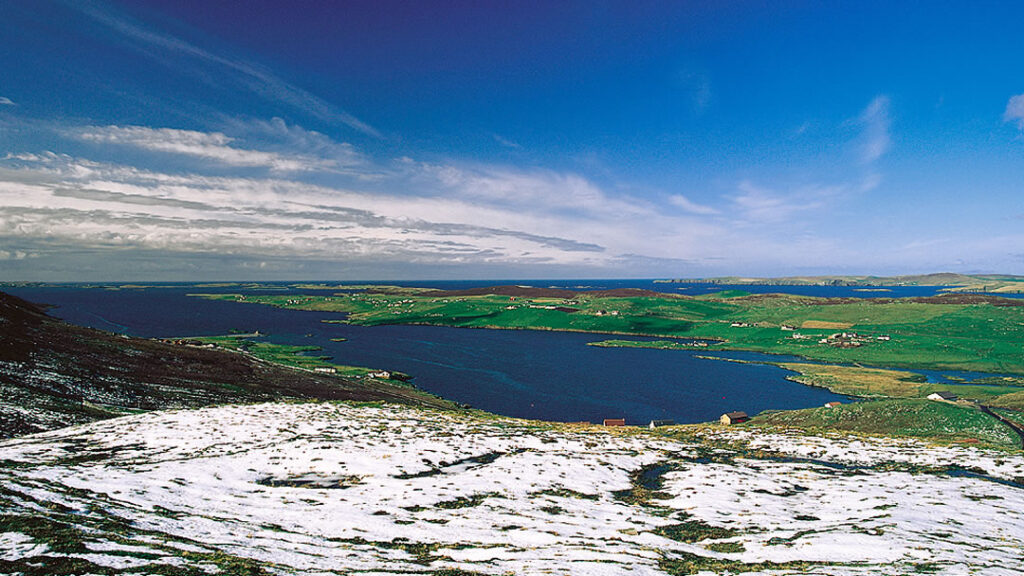 Snowy morning and Whiteness Voe viewed from Wormadale, Shetland