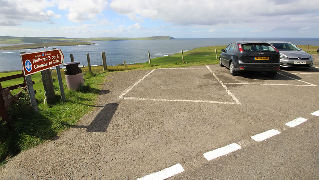 The car park above Midhowe Chambered Cairn and Midhowe Broch in Rousay