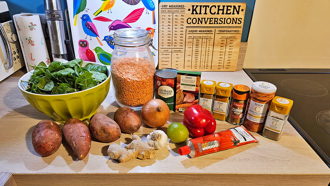 The ingredients to make Sweet Potato and Spinach Dahl