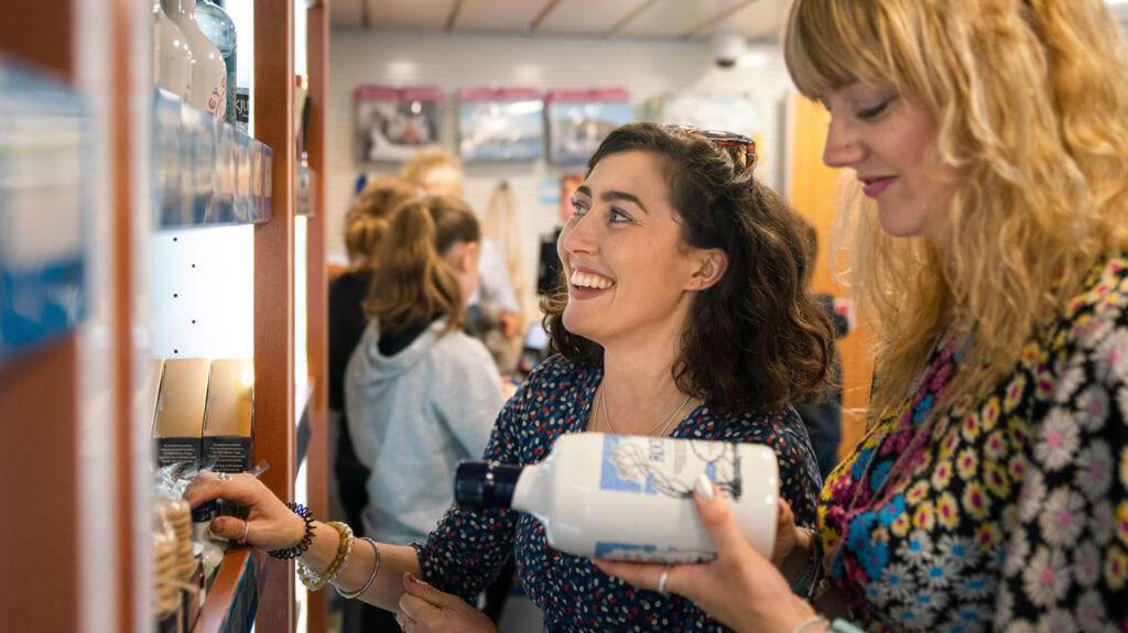 Viewing gifts from Orkney, Shetland, Aberdeen and Caithness in the onboard shop