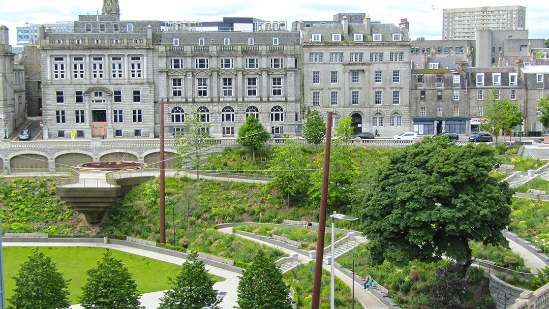 The terrace of the Aberdeen Art Gallery looks over to Union Terrace Gardens