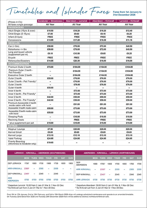 2026 Timetables and Islander Fares