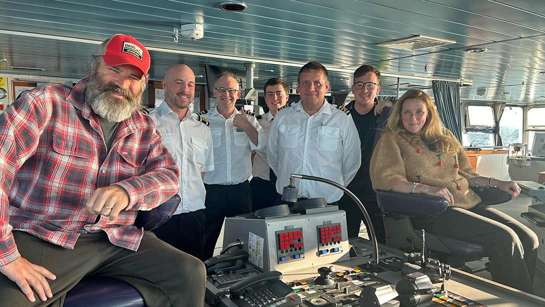 TV royalty Greg Hemphill and Julie Wilson Nimmo onboard the MV Hrossey