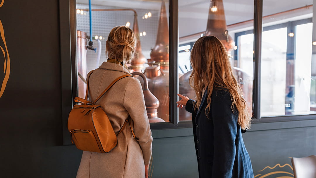 Viewing the whisky stills at Deerness Distillery from the restaurant